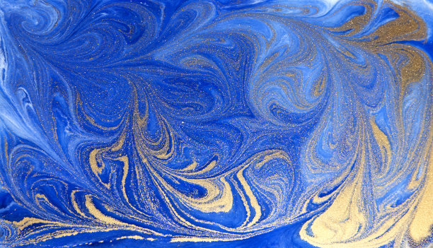 蓝色和金色液体纹理，水彩手绘大理石纹路插图图片下载