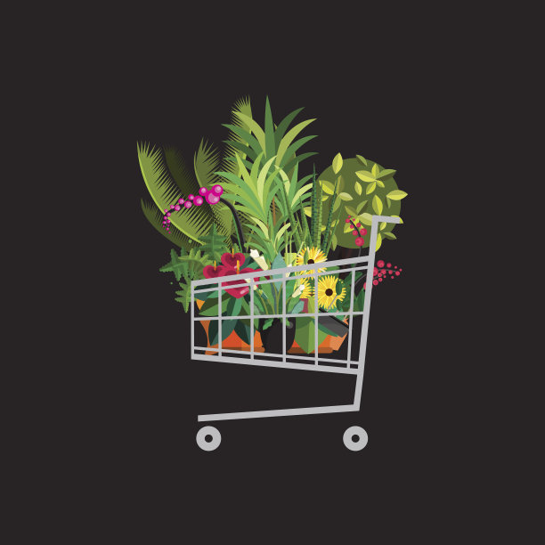 花店。装有植物的购物车。花店平面设计。图片下载
