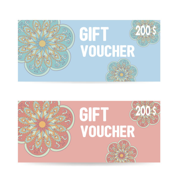 粉色和蓝色的礼品券模板与颜色蕾丝图片下载