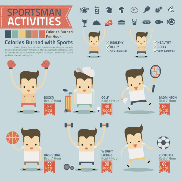 运动员活动和卡路里燃烧的信息图表与食物图片下载