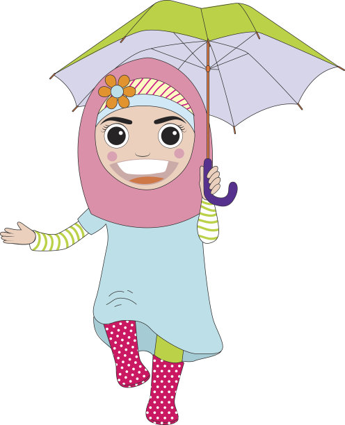 拿着雨伞的伊斯兰女孩矢量图图片下载