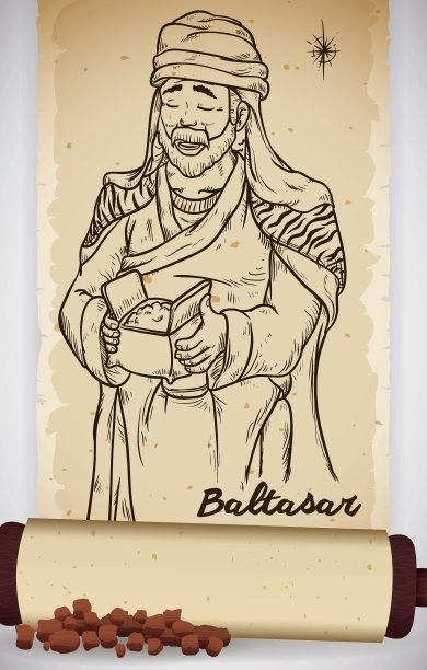 手画的智者卷轴与没药:巴尔萨泽素材图片