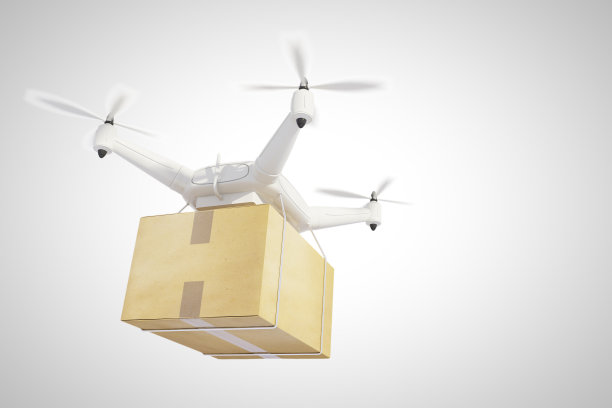 无人机运送一个盒子和白色背景图片下载