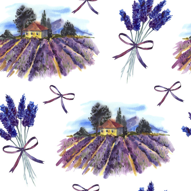 无缝图案与景观和薰衣草图片下载