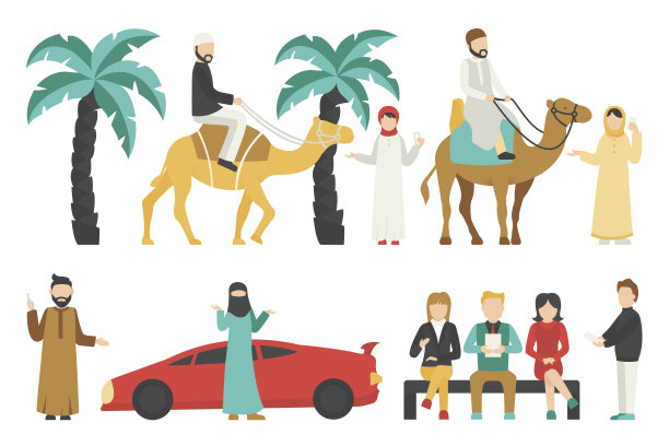 迪拜扁平风格素材，白色背景上的人物矢量插画图片下载