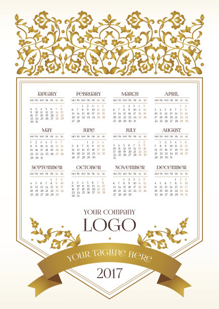 2017年矢量日历，金色花卉装饰。图片下载