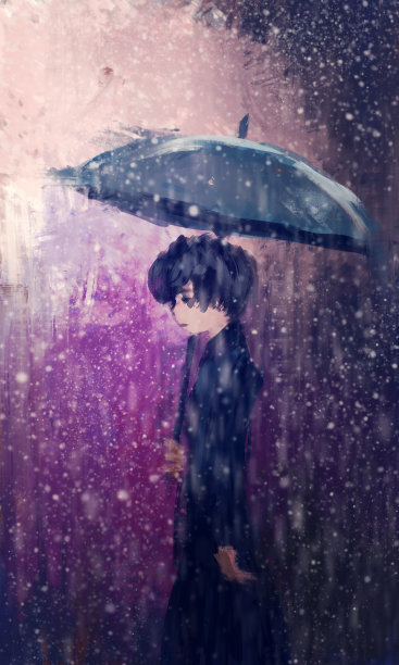 带着伞的雨中女孩，数码绘画图片下载