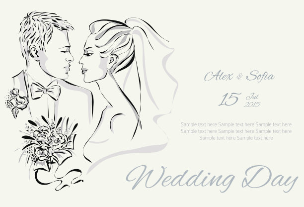 婚礼的邀请与甜蜜的夫妇，新娘和新郎图片下载