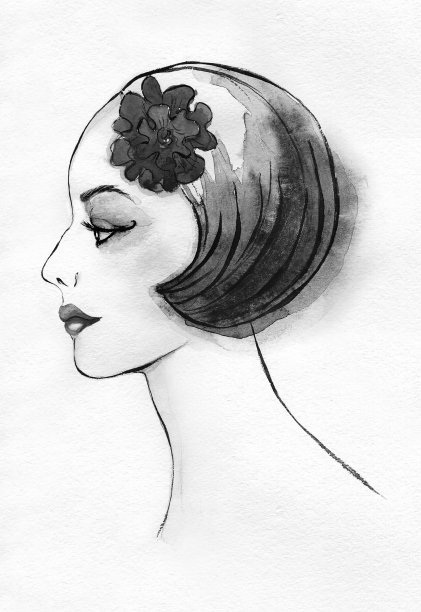 水彩妇女侧面在黑色和白色的颜色图片下载