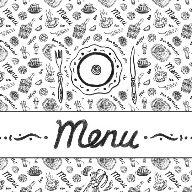 咖啡馆或餐厅手绘菜单的黑白图片下载