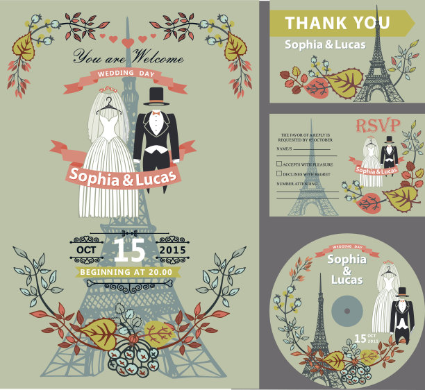 婚礼的邀请。秋天的落叶,服装,埃菲尔铁塔图片下载