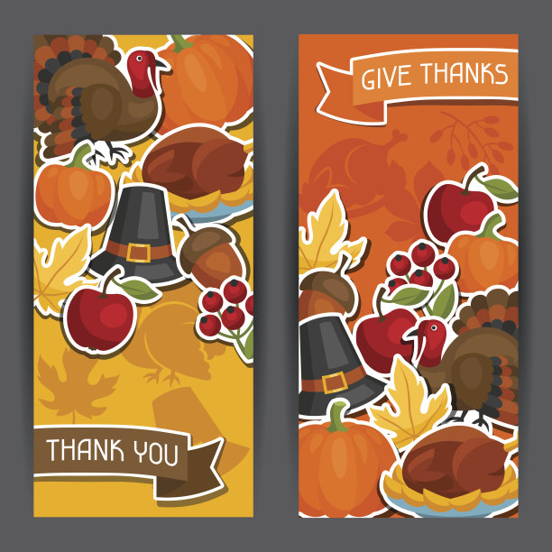 快乐的感恩节横幅设计与节日贴纸对象图片下载