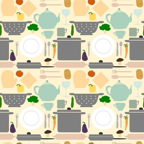 厨房用具与食品无缝图案背景插图图片下载