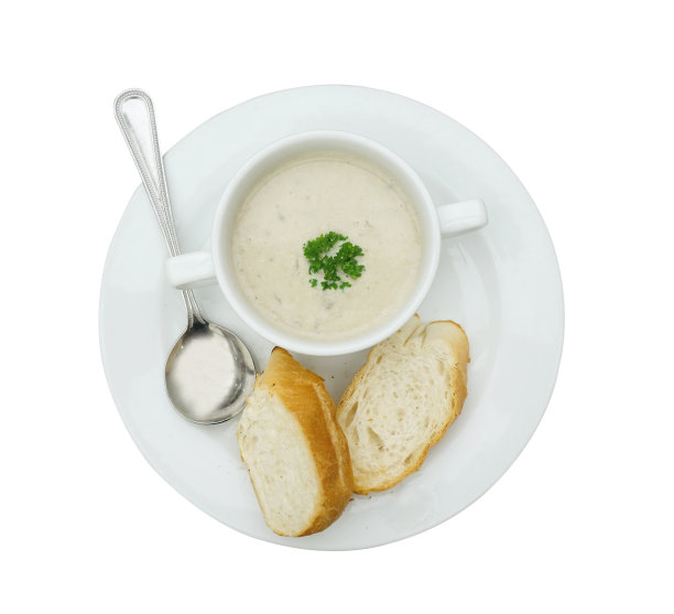 蘑菇汤大蒜面包(孤立的白色与剪切路径)图片下载