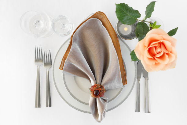 感恩节晚餐餐厅设置安排盘子银餐具橙色玫瑰图片下载