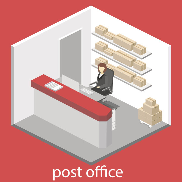 邮局内部的等距平面3D。图片下载