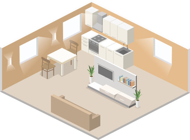工作室公寓内部的等距平面3D概念向量。图片下载