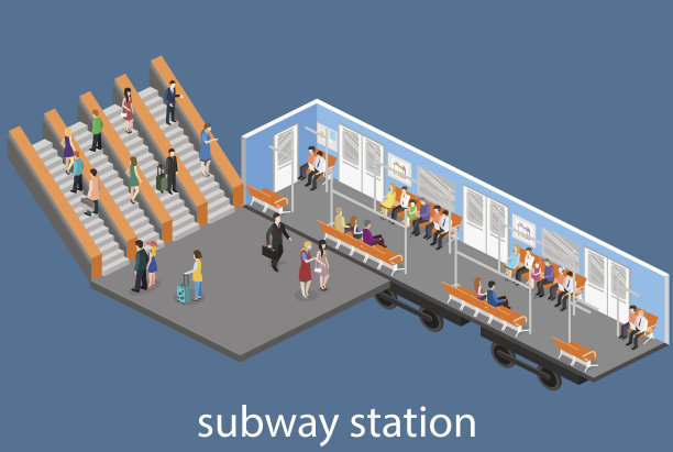 地铁车厢内部的等距平面三维概念向量。素材图片