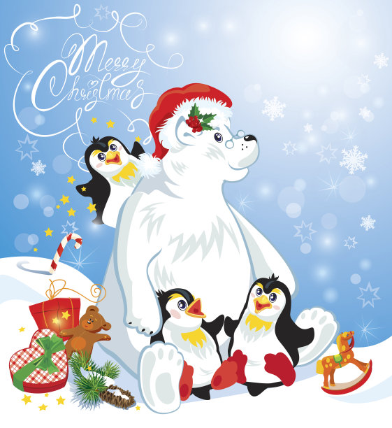 卡片上有有趣的企鹅和北极熊-圣诞快乐。图片下载