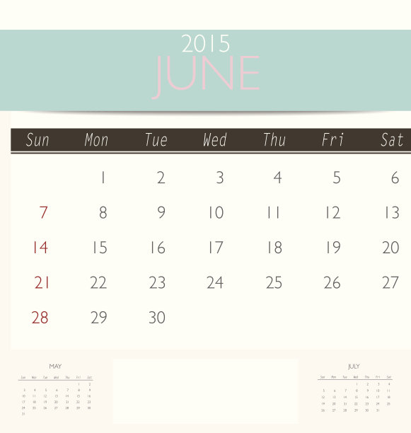 2015年日历，月日历模板为6月。图片下载