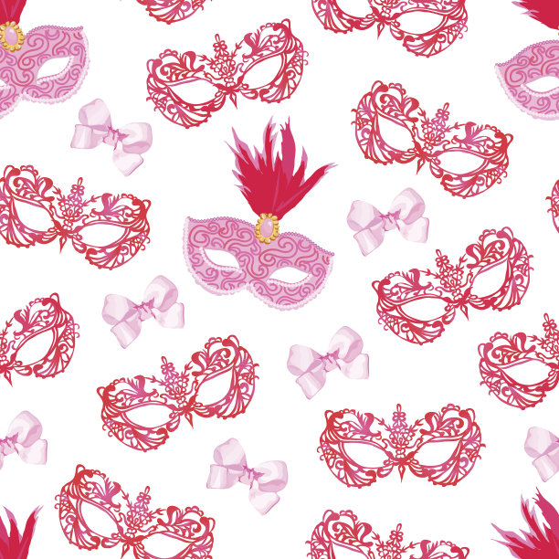 面具与羽毛和粉色蝴蝶结无缝矢量图案图片下载
