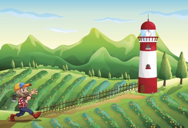 农场里有一座塔和一个伐木工人图片下载