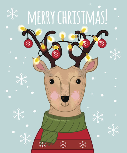 卡通鹿与可怕的装饰鹿角，圣诞球和花环图片下载