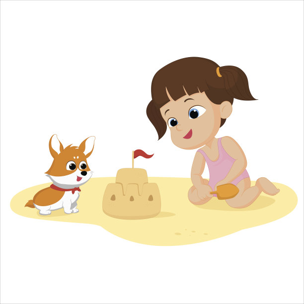 和你的狗在沙滩上玩的女孩。图片下载