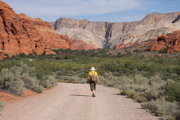 在犹他州雪峡谷徒步旅行的女人图片下载