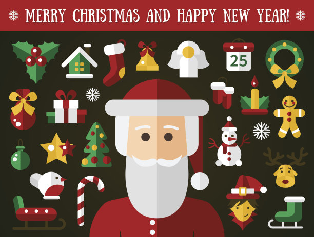 一套圣诞和新年快乐平面设计图标图片下载