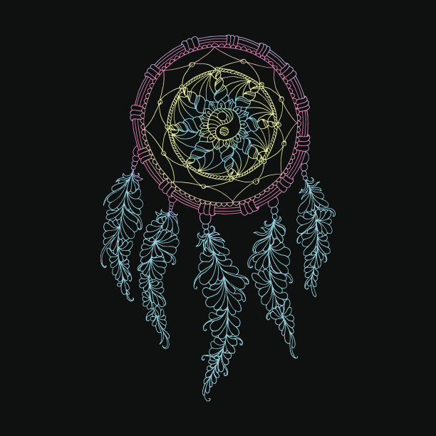 印第安捕梦网，黑色背景，色彩鲜艳鲜艳的民族图案图片下载