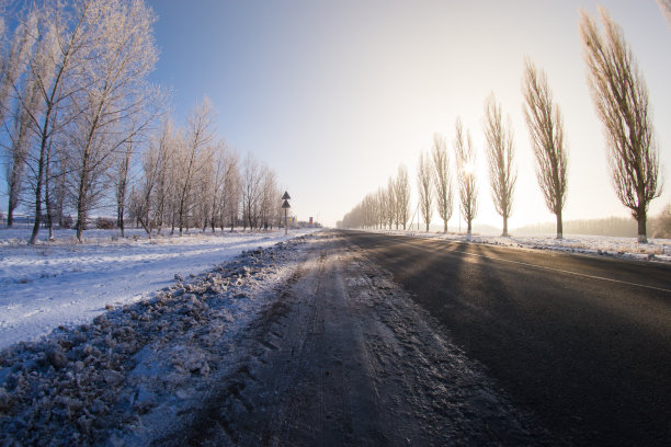 冬天的路在傍晚的阳光下图片下载