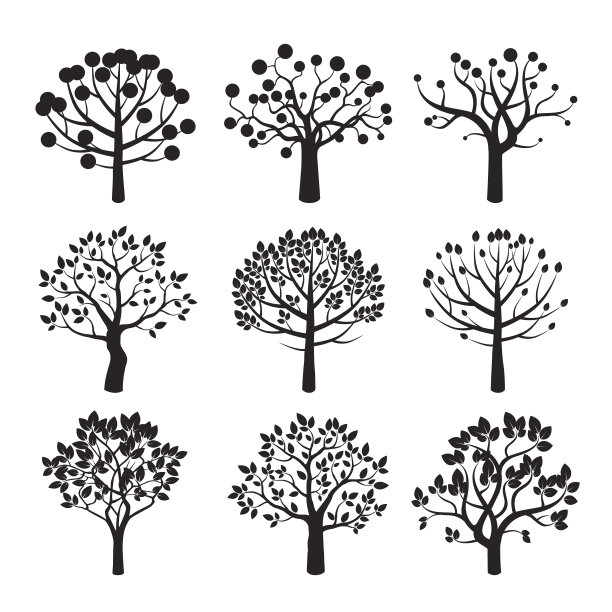 一组黑色向量树图标图片下载