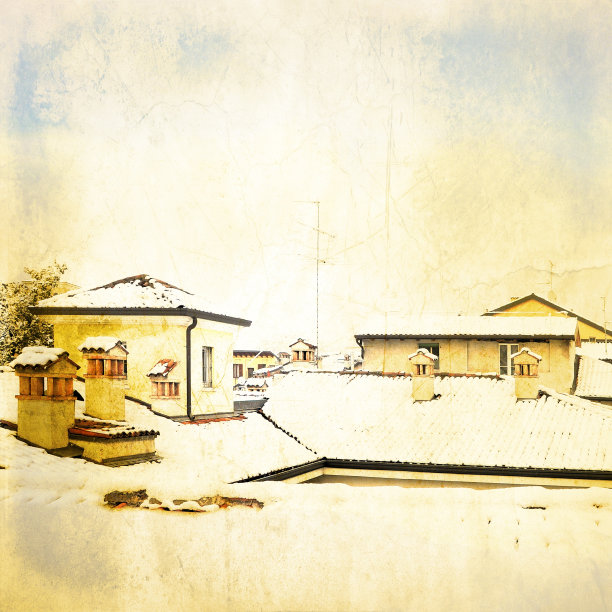 白雪覆盖的屋顶的古老景观图片下载