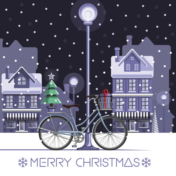 圣诞贺卡。冬天的自行车在冰雪覆盖的城市图片下载