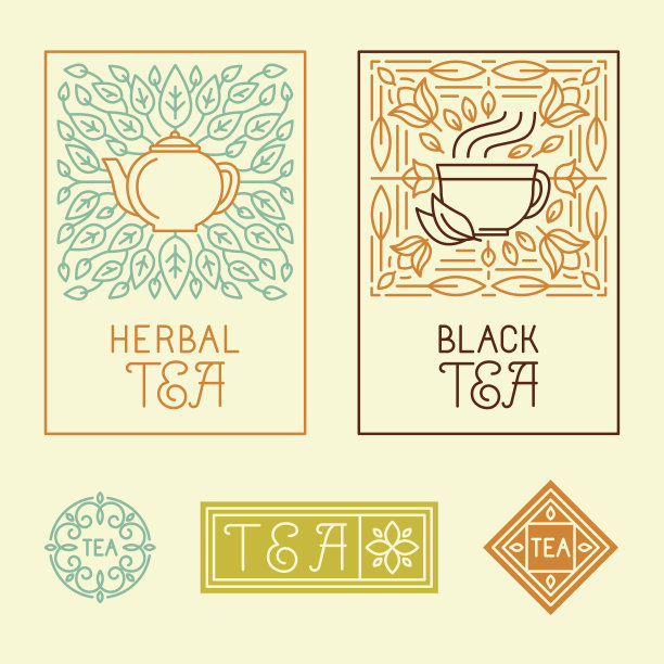 矢量茶包装标签和徽章在时尚的线性风格图片下载