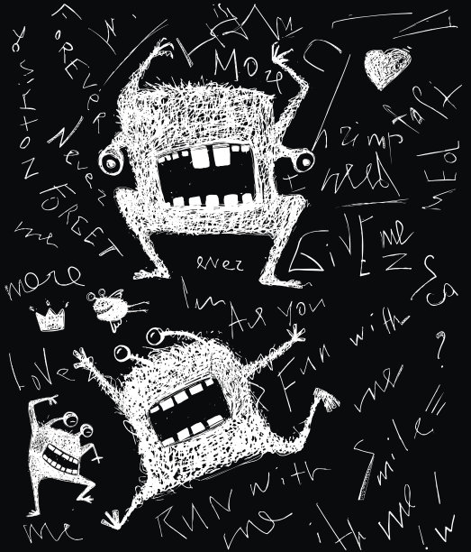 毛茸茸的怪物怪物单色涂鸦卡通在黑色图片下载