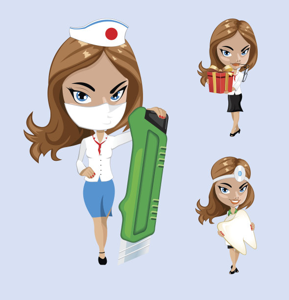 矢量插图。一组医生或护士在不同的姿势。图片下载