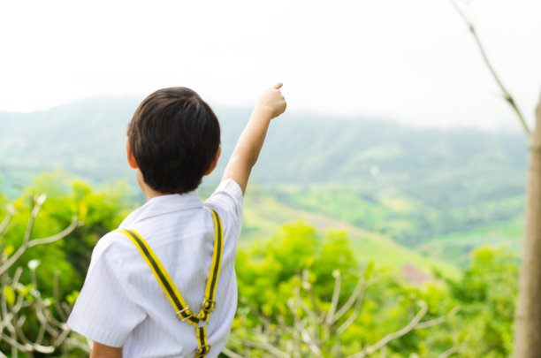 小男孩用手指着天空图片下载