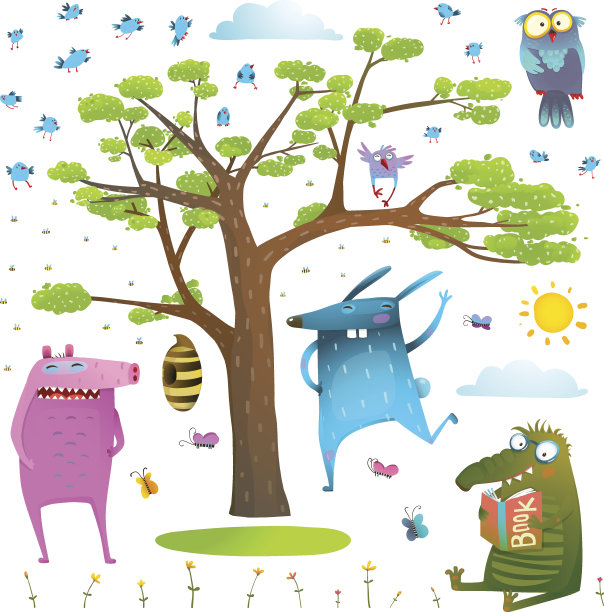 动物，树，天空，太阳和鸟类剪辑艺术收藏。图片下载