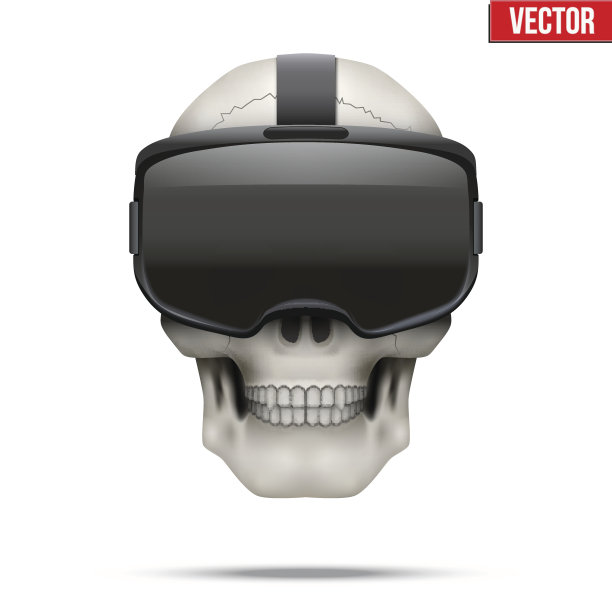 带VR眼镜的人类头骨。图片下载