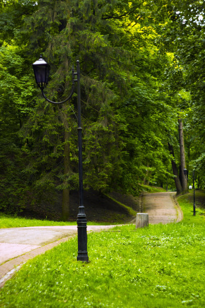 草地上挂着灯笼的夏日公园小路图片下载