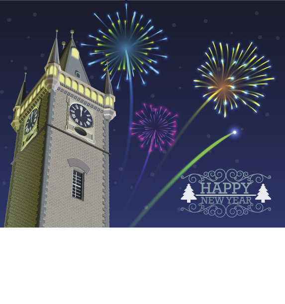 除夕夜的烟火在钟楼上绽放图片下载