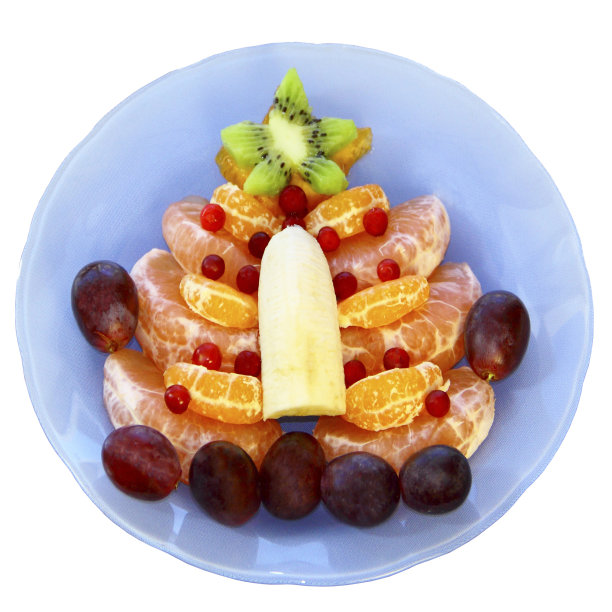 白色背景下的蓝色盘子上的果树图片下载