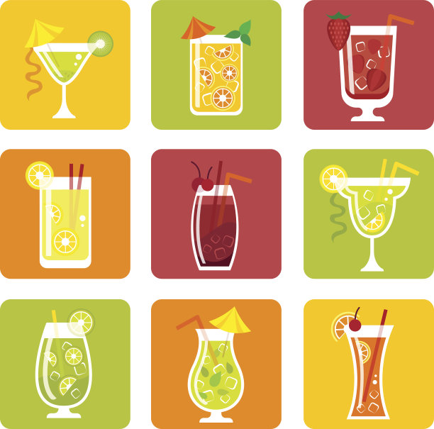 夏季鸡尾酒平面图标设置图片下载