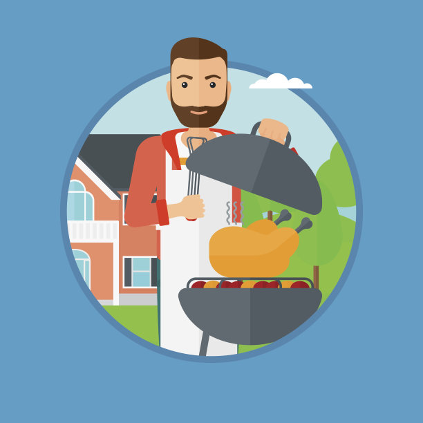 男人在烤架上烤鸡。图片下载