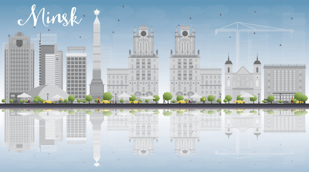 明斯克的天际线是灰色的建筑和蓝色的天空。图片下载