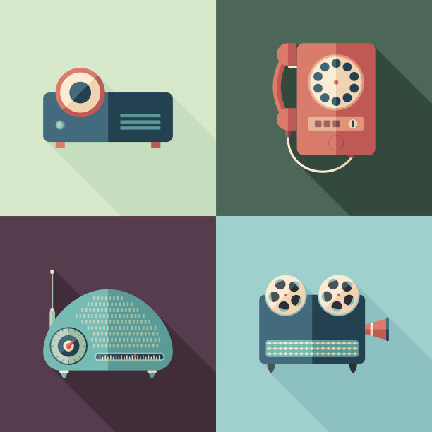 一套复古的音频和视频图标与长阴影。图片下载