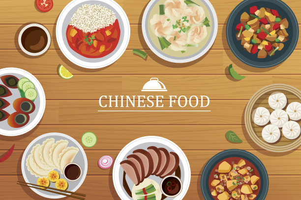 木制背景上的中国菜。矢量中餐俯视图素材图片
