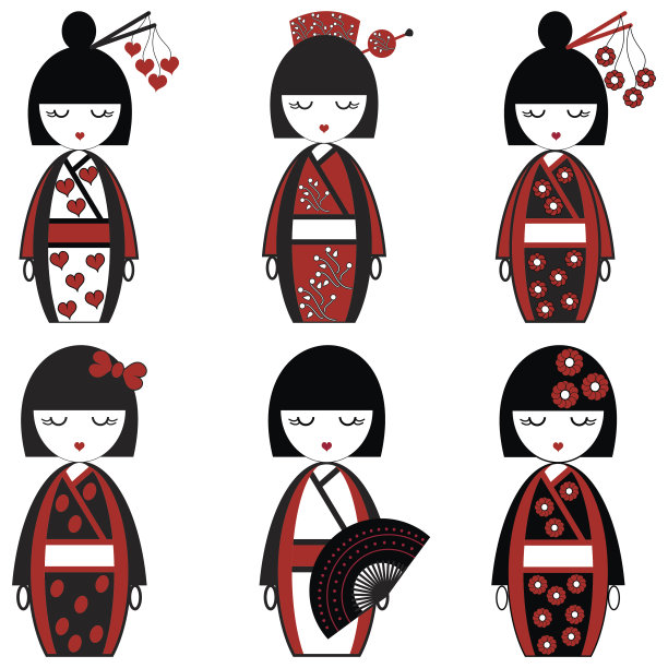 一套6个红色和黑色的东方艺伎玩偶图片下载